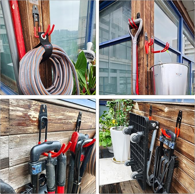 3-H Garage Wall Hooks 14 Pack,Garage Hooks Heavy Duty with Extra Welding Spots,Garage Hooks for Hanging,Garage Organizer for Garden,Lawn,Yard Tools,Chairs,Ladders,WeedEater,Shovel,Blower(Red)