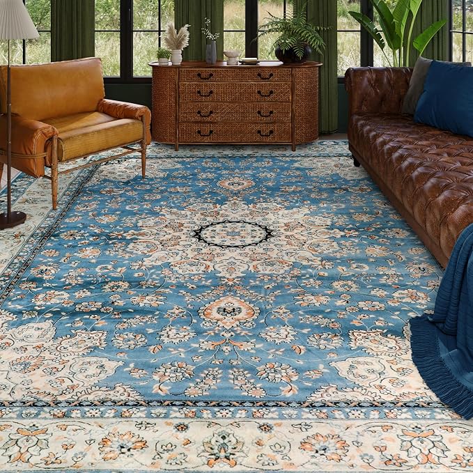 Lahome Felice Oriental Floral Medallion Area Rug, 8x10 Soft Large Rugs for Bedroom Aesthetic Dining Room Rug, Vintage Non Slip Low Pile Living Room Carpet for Family Room Foyer Den Office, Blue