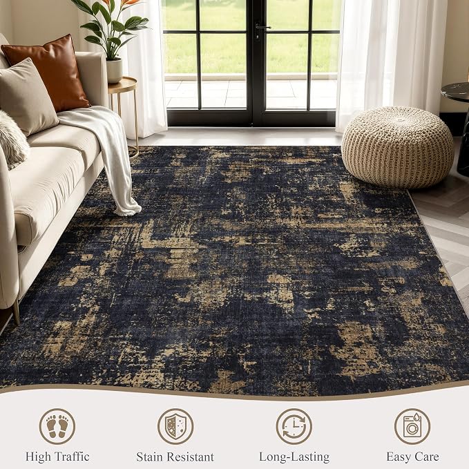 Sasttie 8x10 Washable Area Rug, Modern Abstract Large Rug, Black & Gold | Ultra-Soft Faux Wool, Machine Washable, Low Pile, Non-Slip, Lightweight, Thin, for Living Room, Bedroom, Dinning Room & Dorm