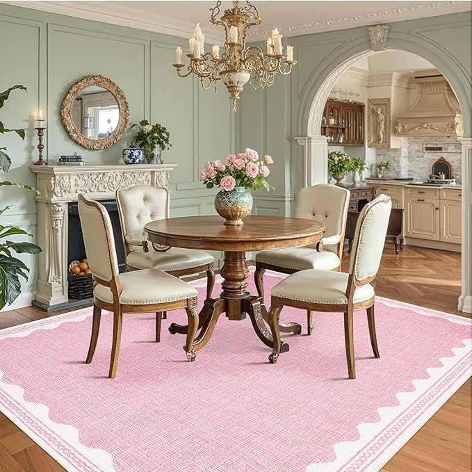 GarveeHome Scalloped Washable 8x10 Rugs for Living Room Non-Slip Solid Pink Modern Minimalism 8 x 10 Rug Low-Pile Carpet for Bedroom Dining Nursery Mat with Rubber Back