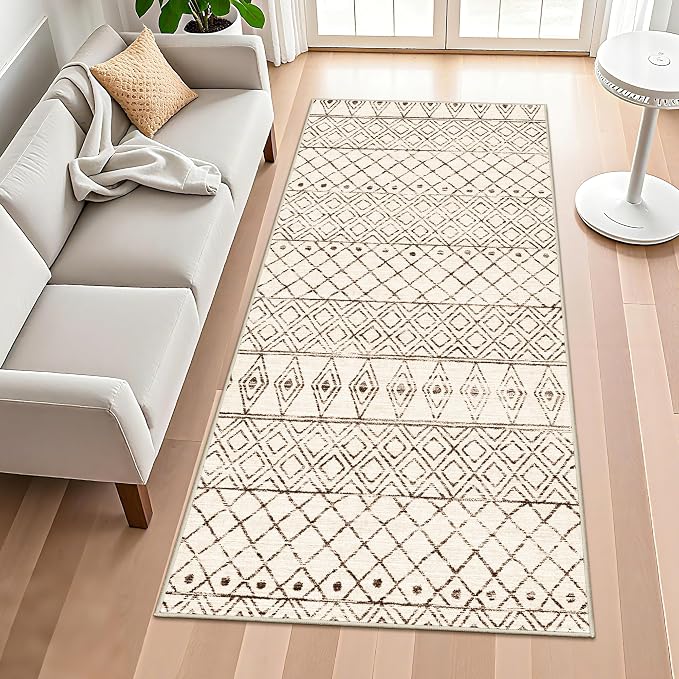 4x8 Geometric Beige Hallway Runner Rug: Moroccan Machine Washable Runner | Non Slip Low Pile Soft Pets Friendly Rugs - Indoor Carpet for Kitchen Bedroom Entryway Laundry