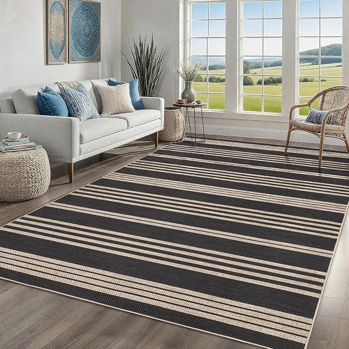 Garvee 4x6 Area Rugs Easy Jute Washable Rugs Living Room, Black & Natural | Modern Line Print Area Rug Stain Resistant Easy Cleaning Throw Rugs Non Shedding Low Pile Floor Cover for Nursery Dining Room