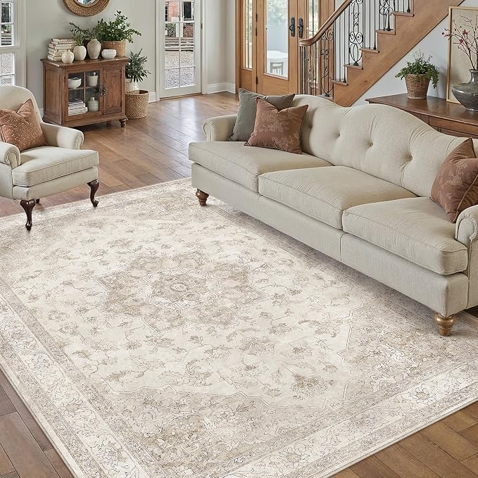 Beige 5x7 Washable Area Rug Vintage Oriental Medallion Carpet | Soft Low Pile, Non Slip, Stain Resistant, Large, Neutral Retro Decor for Living Room, Bedroom, Dining Room, Kids Room