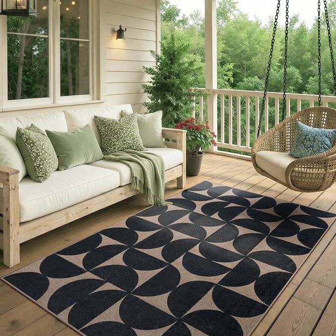 Lahome Semi Circle Front Porch Rug, Black 3x5 Easy Jute Outdoor Patio Rug | Farmhouse Neutral Washable Non Slip Non Shedding Door Mat for Entryway Layering Office