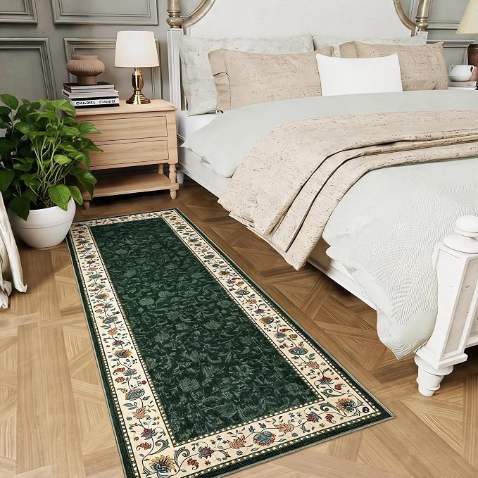 Garvee 2x6 Vintage Floral Kitchen Rugs Washable Rugs for Hallway | Green Boho Border Area Rug Stain Resistant Easy Cleaning Throw Rugs Low Pile Floor Cover for Bedroom Laundry