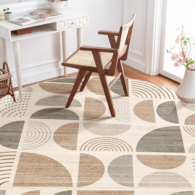 Round Rugs 6ft,Circle Area Rug Washable Non Slip Modern Abstract | Large Circular Rugs for Living Room Dining Room Boho Throw Carpet Soft Low Pile Floor Indoor Bohemian Neutral Beige