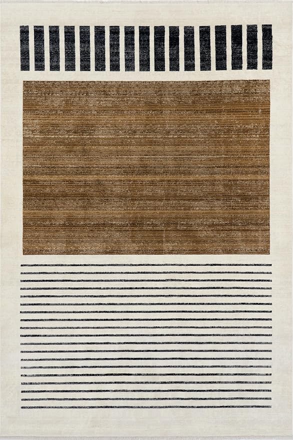 nuLOOM Keeva Beige Striped Power Loomed Area Rug, 7' x 10' | nuLOOM 7' x 10' Fringed Performance Indoor Area Rug, Power Loomed, Easy Clean, Durable, Non-Shed, Beige