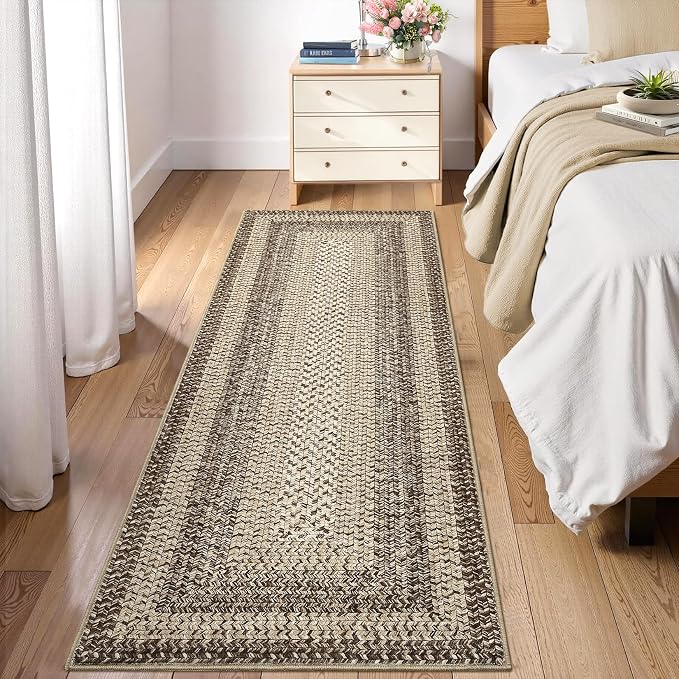 RUGSREAL Washable 2x10 Runner Rug for Hallway Kitchen Modern Runner Rugs | Long Runner Throw Carpet with Rubber Backing, Stain Resistant Braided Printed Entryway Carpet for Bedroom Living Room, Camel