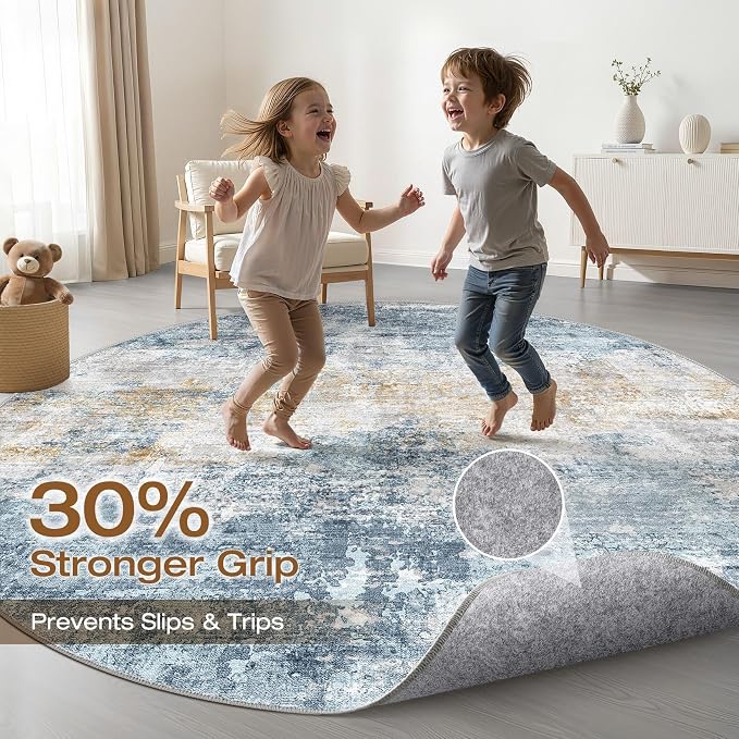 LOONGRUG Round Rug 8x8 Washable Neutral Modern Living Room Rug Blue Gold | Circle Large Abstract Soft Stain Resistant Indoor Non-Slip Carpet for Bedroom Nursery Kids Office Playroom Dining Room