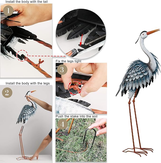 TERESA'S COLLECTIONS Garden Decor Blue Heron Sculptures & Statues Decor, 33.8 Inch Coastal Metal Cranes Decoy for Outdoor Outside Yard Art Patio Pond Pool Lawn Decorations,Housewarming Gift
