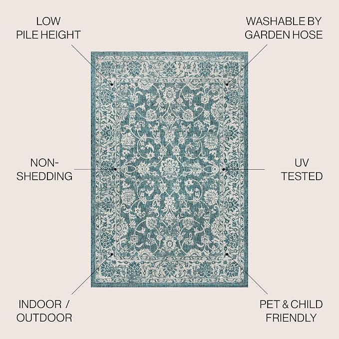 JONATHAN Y Weave Floral Indoor Outdoor Square Area Rug 8X8 Teal/Gray, Tela Bohemian Textured for Backyard, Patio, Porch, Easy-Cleaning, High Traffic, Pet-Friendly, Non-Shedding (SMB100C-8SQ)