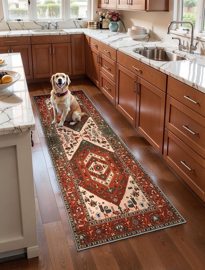 SERISSA 2x5 Washable Non Slip Boho Runner Rug for Hallway | Ultra Soft Vintage Oriental Carpet Low-Pile Terracotta Green Floor Carpet for Kitchen Bedroom Bathroom Laundry Living Room