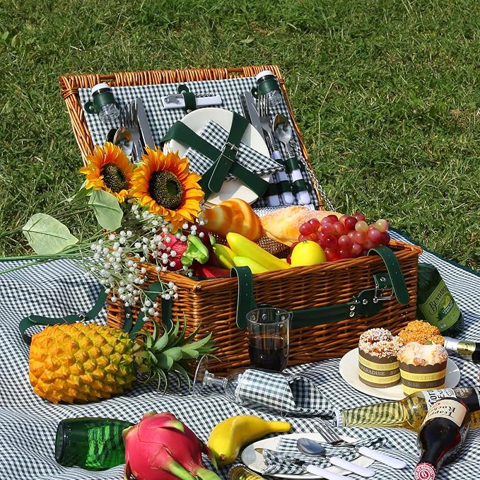 Picnic Basket Set for 4 with Waterproof Blanket Mat Insulation Bag Wicker Green Plaid Classic Cottagecore Gift for Christmas Thanksgiving Wedding Birthday Camp Outdoor Beach Travel
