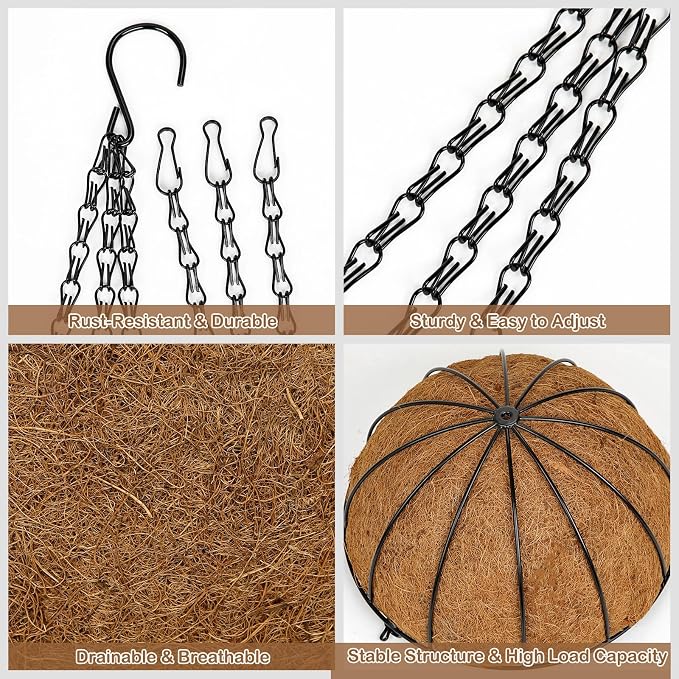 14 Inch Metal Hanging Basket with Coco Coir Liner for Flowers Planting, 4 Pack Hanging Baskets for Plants Outdoor, Round Wire Planters with Chain for Home Patio Porch Balcony Garden Decor