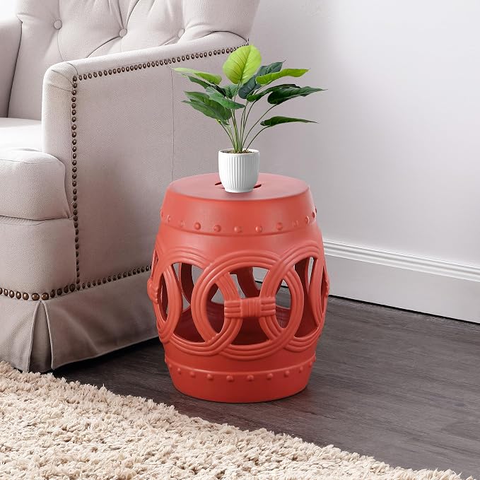 JONATHAN Y Lucky Coins 16" Ceramic Garden Stool, Contemporary Matte Coral Cutout Interlocking Rings Drum Indoor/Outdoor Side Table and Plant Stand for Patio, Garden, Living Room TBL1022G