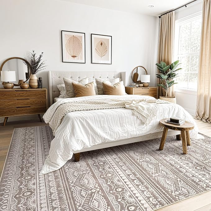 Tortania Area Rug Living Room Rugs - 10x14 Washable Large Soft Neutral Boho Moroccan Bohemian Farmhouse Rug Indoor Floor Carpet for Bedroom Under Dining Table Home Office Decor - Dark Brown