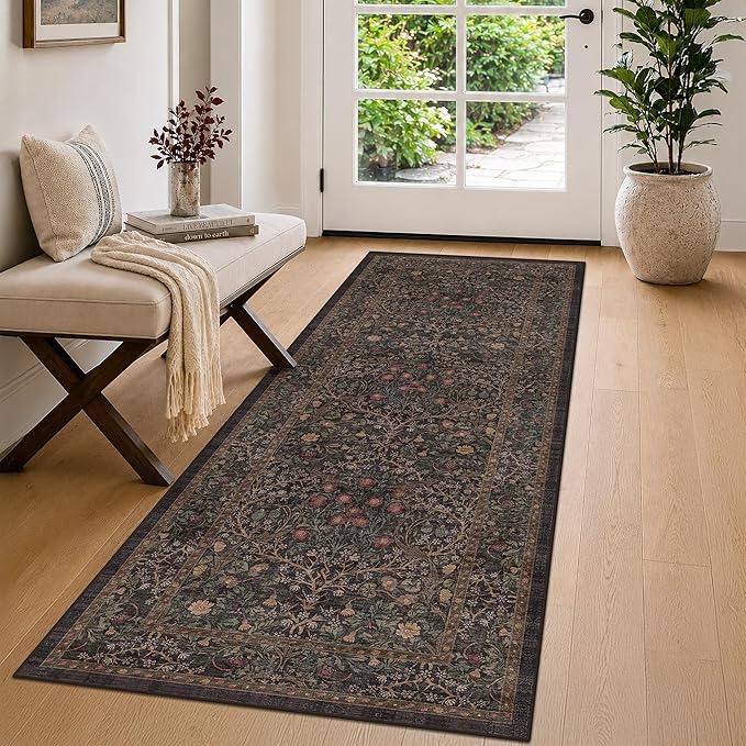 Brown Entryway 2x5 Runner Rug, Small Throw Runners for Kitchen, Bedroom, Bathroom, Laundry Room, Ultra Soft Low-Pile Washable Stain Resistant, Vintage Floral Decor & Non-Slip