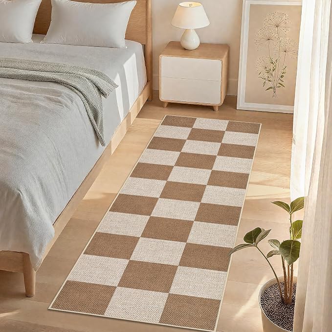 GarveeHome Easy Jute Rugs 2x8 Checkered Kitchen Runner Rugs Non Skid Washable Stain Resistant Indoor Outdoor Rugs for Living Room, Bedroom, Dining, Patio - Farmhouse Style Brown