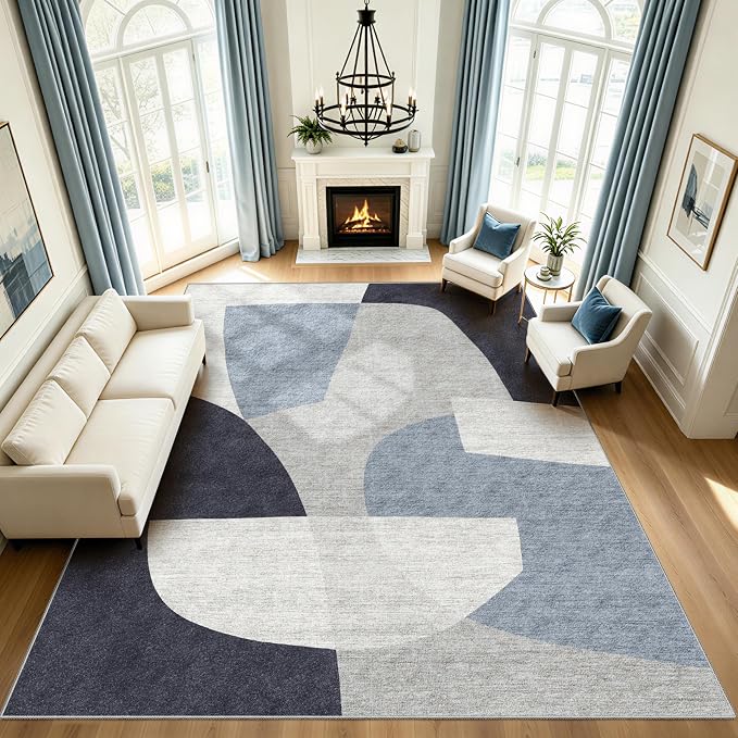8x10 Modern Geometric Area Rug for Living Room, Washable Rug Blue Grey | 8x10 Modern Geometric Pattern Large Rug for Dining Room Bedroom, Non Slip Low Pile Soft Lightweight Rug Home Decor