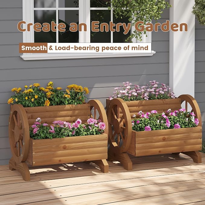 Wooden Wagon Planters for Outdoor Plants, Flower Cart, Wood Planter Boxes Outdoor, Backyard Decor, Flower Planters Outdoor with Wheels Planter for Flowers Vegetables (Brown)