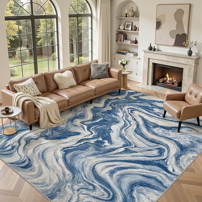 DMOYEST 9x12 Area Rug for Living Room Washable Abstract Indoor Carpet | Neutral Modern Low Pile Rugs Kid & Pet Friendly Large Soft Thin Carpet for Bedroom Dining Room and Office - Navy Blue