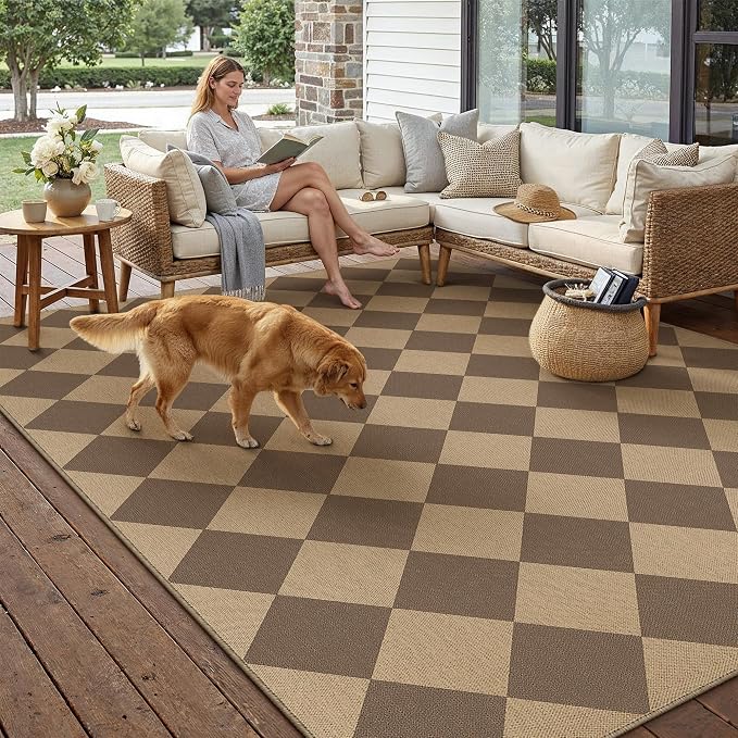 PureCozy 6x9 Checkered Easy Jute Area Rug for Living Room Large Checkerboard Washable Indoor Outdoor Carpet Farmhouse Patio Office Mat Geometric Non Slip Brown Carpet for Backyard Dining Room