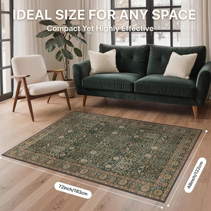 4x6 Washable Area Rug for Living Room, Dark Green Brown | Vintage Distressed Floral, Spill Resistant, Lightweight Low Pile Non-Shedding Carpet for Bedroom, Dining Room and Office