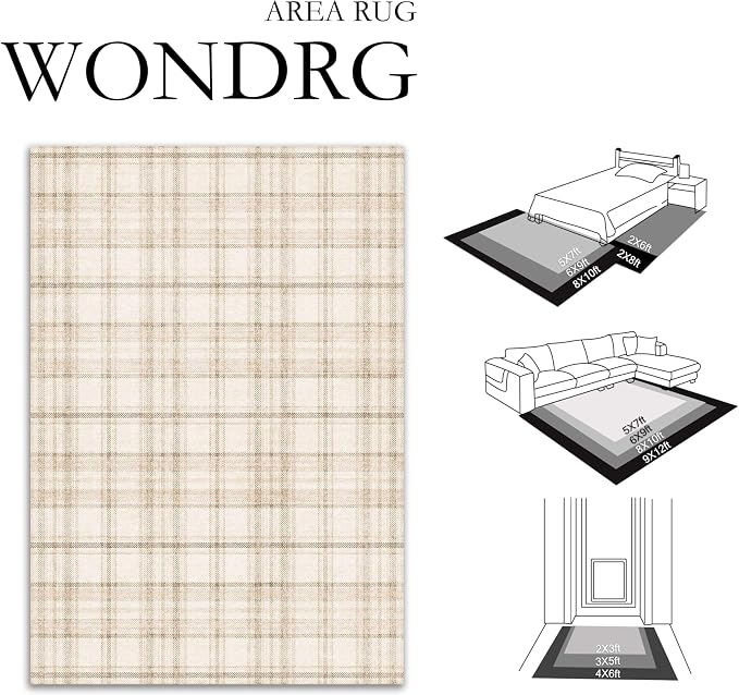 9x12 Beige Plaid Living Room Area Rug | Washable, Low Pile, Modern, Neutral, Soft, Non Slip, Rug for Bedroom Dining Room Nursery Office Indoor Home Decor