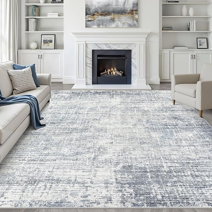 LOONGRUG 9x12 Area Rug Washable Neutral Modern Rug for Living Room Blue | Abstract Soft Stain Resistant Indoor Non-Slip Carpet for Bedroom Nursery Kids Office Playroom Dining Room