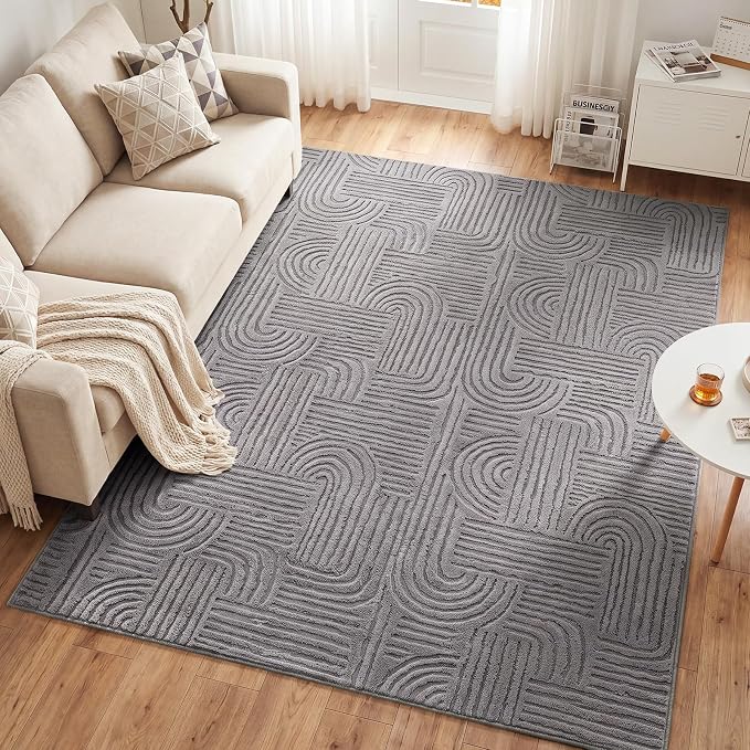 Etwel 5x7 Dark Gray Geometric Textured High-Low Pile Washable Area Rug | Modern Soft Carpet, Non-Slip PVC Backing, Low Profile, Kid and Pet Friendly, for Living Room, Bedroom, Dining Room, Nursery
