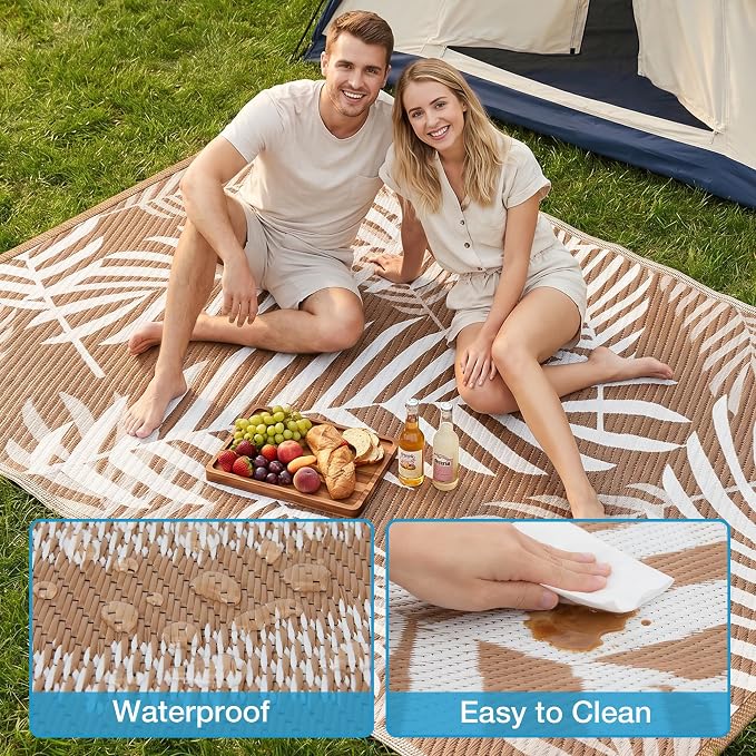 Kohree Outdoor Rug Waterproof 9x12, Reversible Outdoor Plastic Straw Rug with Leaf Pattern, Easy-Cleaning RV Mat Carpet for Patio, Porch, Camping, Balcony, Deck, Backyard, Brown & Beige