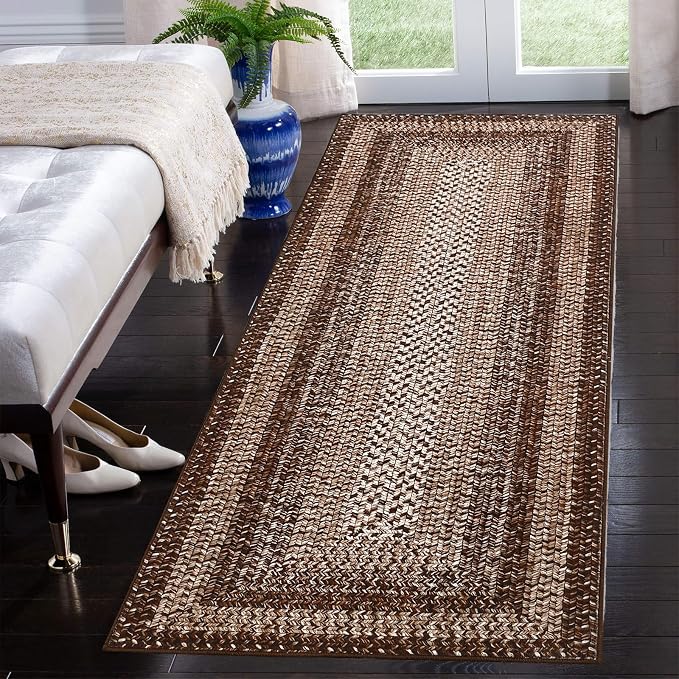 RUGSREAL 2x6 Runner Rug Braided Print Hallway Area Rugs Machine Washable | Throw Floor Cover Non Slip Modern Runner Carpet for Kitchen Farmhouse Rustic Carpet for Living Room Bedroom, Brown