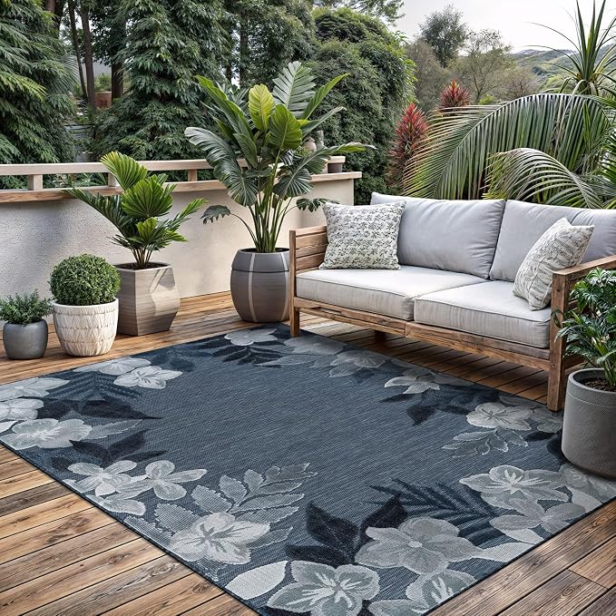 Outdoor Rug 9x12 Washable Area Rugs Indoor Outdoor Carpets Navy Border Floral Non Shedding Waterproof Easy Clean Patio Deck Porch Living Room Bedroom Garden RV (9 X 12 Navy)