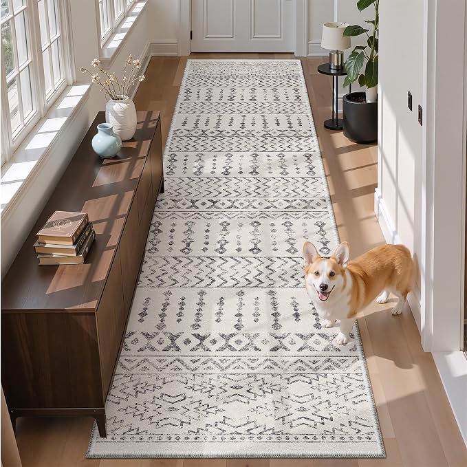 Art&Tuft 2x12 Runner Rug Non Slip, Washable Rug Runners for Hallways,Ivory | Low Pile, Moroccan Soft & Lighweight, Folable, Stain Resistant 12ft Carpet Runners for Entryway,Kitchen,Living Room,Bedroom