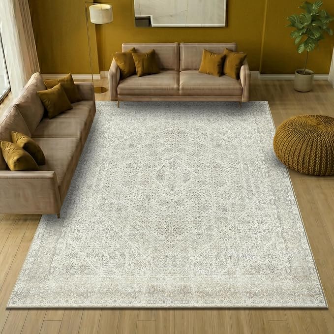 Keen Home Design Vintage Washable Area Rug, Non-Slip Low Pile, 8x10 | Machine Washable Cotton Chenille, 0.25In Low Pile, Rubber Non-Slip Back; Living Room, Bedroom, Dining Room, Office