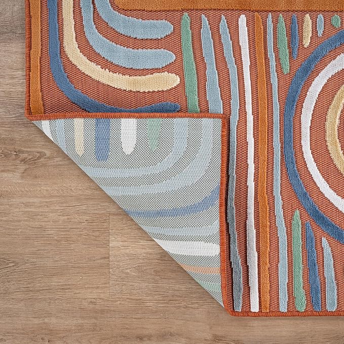 CAMILSON Indoor Outdoor Rug, Orange 6x9 Geometric Arch Striped Area Rugs for Patio and Home Areas, Easy-Cleaning Non-Shedding Living Room, Garden and Deck Washable Outside Carpet (6 x 9)