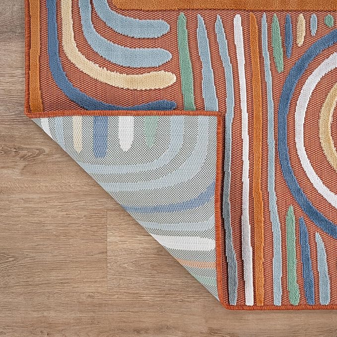 CAMILSON Indoor Outdoor Rug, Orange 10x14 Geometric Arch Striped Large Area Rugs for Patio and Home Areas, Easy-Cleaning Non-Shedding Living Room, Garden and Deck Washable Outside Carpet (10 x 14)