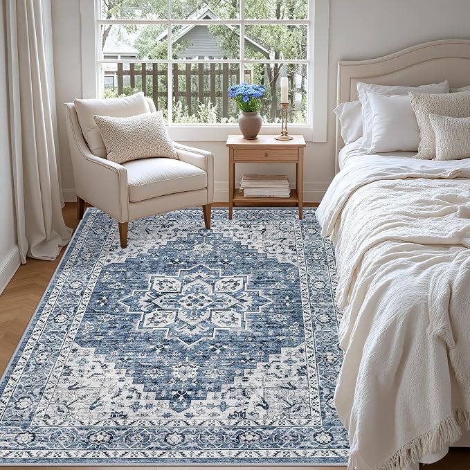 4x6 Area Rugs Living Room: Washable Vintage Rug for Bedroom Blue | Boho No Slip Stain Resistant Rug Soft Indoor Decor Floor Floral 4x6 Area Rugs for Dining Room, Nursery, Hallway, Home Office