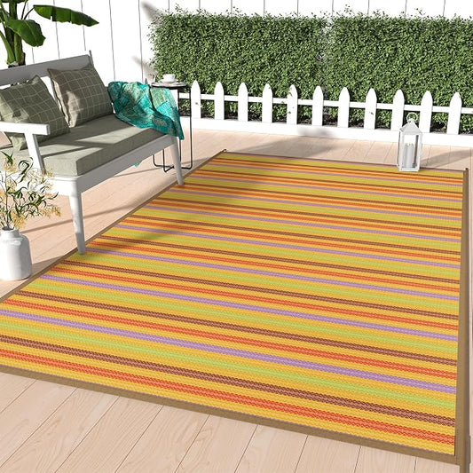 GENIMO Outdoor Rug for Patio Clearance, 8'x10' Reversible Plastic Straw Rugs, Lightweight Waterproof RV Camping Mat for Camper, Balcony, Deck, Backyard, Picnic, Rainbow