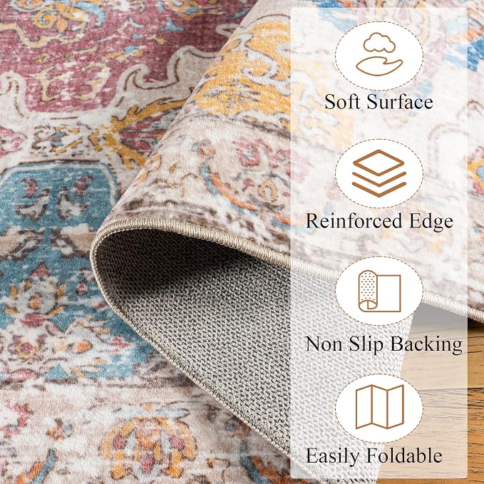 Moroccan Vintage Distressed Geometric Colorful 2.7x10 Runner Rug | Boho Floral Washable Non Slip Throw Floor Long Carpet Runner for Hallway Entryway Kitchen Bathroom Bedroom Livingroom Rug