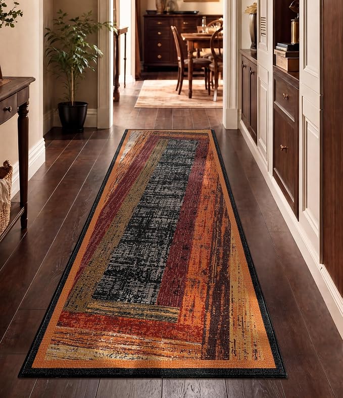 Brown Geometric Woody Runner Rug 2x6,Vintage Bedroom Rug,Retro Farmhouse Rugs Washable for Hallway Non Slip, Boho Area Rug for Kitchen,Dining Room,Living Room,Bedroom