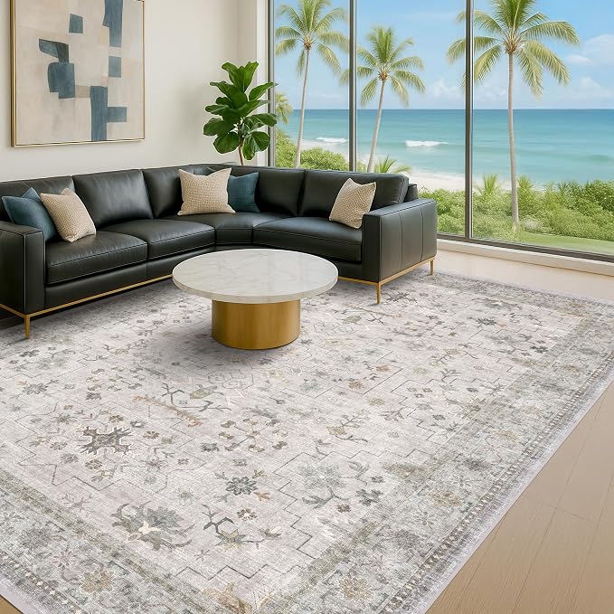 Large Light Gray & Sage 9x12 Living Room Rug - Vintage Floral Area Rug for Dining Room, Washable Low Pile Bedroom Carpet, Modern Eclectic Geometric Decor & Stain Resistance