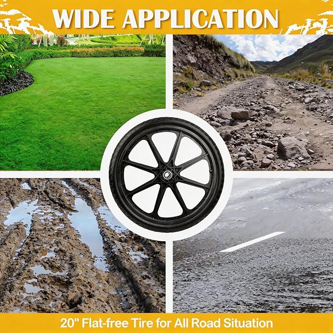 20'' Flat-Free Tire and Wheel, 250LB Capacity Each, Compatible with R ubbermaid Wheelbarrow, Includes 3/4'' & 5/8'' Bearings, 2.5'' Hub, for Garden Cart, Big Wheel Utility Carts, 2 Pack
