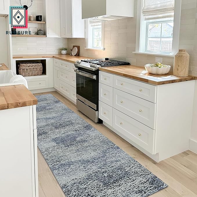 Washable Area Rug - 1/6 Thick - Stain & Water Resistant Non-Slip - Resistant Rug for Living Room, Bedroom, Nursery, Pet & Child Friendly, Vintage Charm Area Rugs (Grey+LightTeal, 2'6'' x 8')