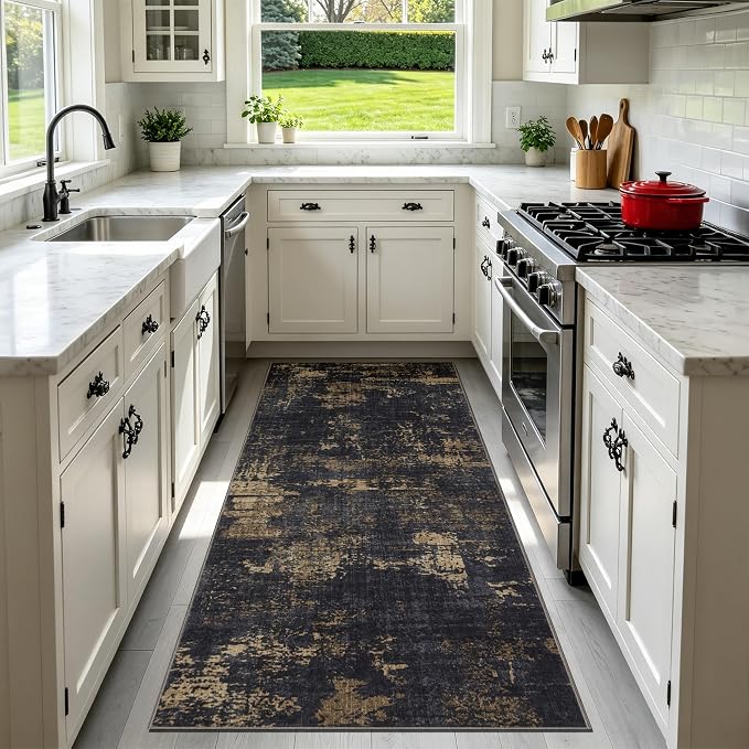 Sasttie 2x6 Runner Rug, Modern Abstract Hallway Carpet, Black & Gold | Machine Washable, Ultra-Soft Faux Wool, Low Pile, Non-Slip, Thin, for Entrance, Entryway, Kitchen & Laundry Room