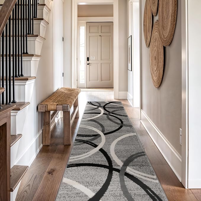 Rugshop Wavy Circles Jute Backing Living Room Runner Rug Gray 2'7" x 10' | Rectangular, Size 2'7" x 10', Bedroom, Dining Room, Home Office, Kitchen, Entryway, Hallway, Nursery, Kids Room, Guest Room