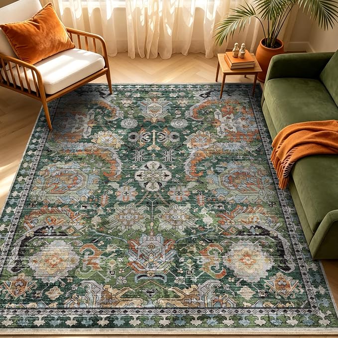 Washable Area Rugs - Perfect for Living Room, Bedroom, Kids Room, Nursery - Stain & Water Resistant Non-Slip, Pet & Child Friendly, Vintage Tribal Area Rugs (Green, 5' x 7')
