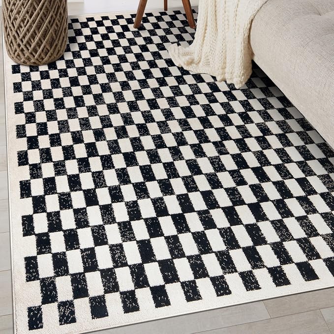 Rugshop Contemporary Checkered Grid Contrast Area Rug Soft Black 4' x 6' | Rectangular, Size 4' x 6', Living Room, Bedroom, Dining Room, Home Office, Kitchen, Entryway, Hallway, Nursery, Kids Room
