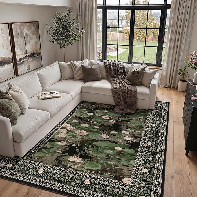 Black Area Rug 6x9 Living Room Vintage Floral Non-Slip Carpet | Machine Washable, Soft, Low Pile, Distressed, Large for Bedroom, Dining Room, Office, Impressionist Farmhouse Decor