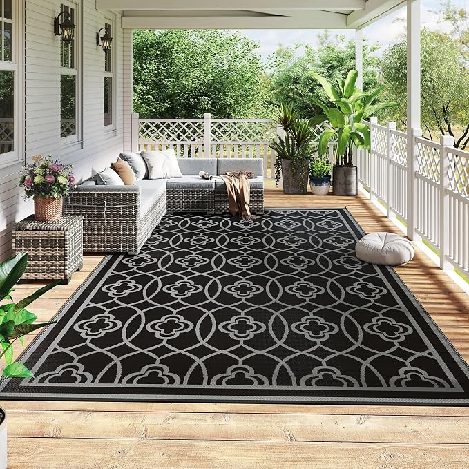 Outsunny Outdoor Rug for Patio, 9' x 18' Waterproof Large Mat, Reversible Plastic Straw Rug for Decor, Portable Outside RV Camping Area Carpet Mat for Backyard Porch Deck Picnic, Black & Gray Lantern